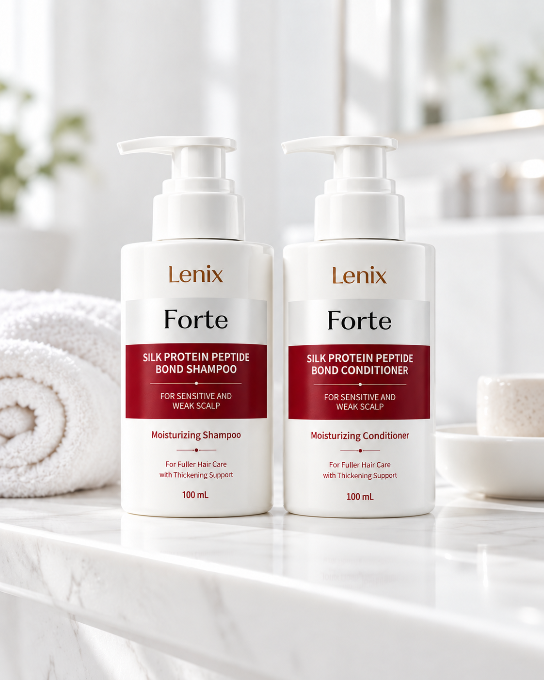 Lenix Forte silk protein shampoo and conditioner on a marble counter